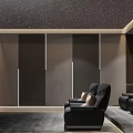 Home Theater Interior Design Featuring Starry Ceiling Dark Walls And Black Leather Recliners 3d model