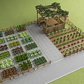 Rural Landscape Featuring Neat Vegetable Garden Plots Wooden Pergola And Fenced Pathway