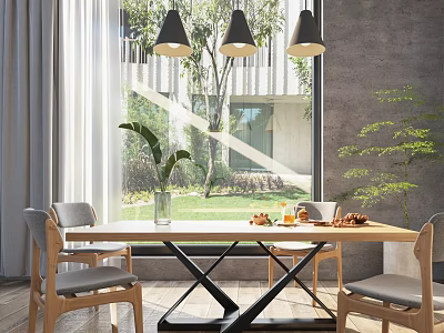 Modern Dining Table Set With Wooden Chairs Three Pendant Lights And Garden View 3d model