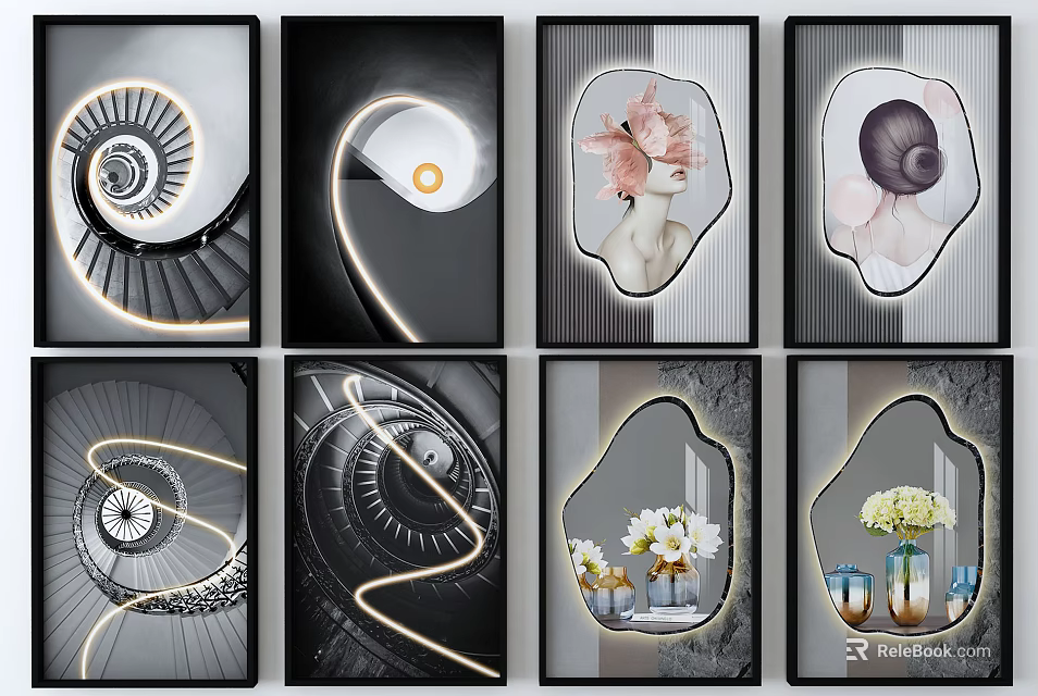 Modern Framed Wall Art Collection With Spiral Stairs Abstract Lines Shell And Floral Designs 3d model 