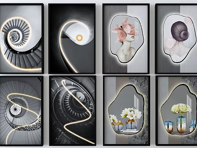 Modern Framed Wall Art Collection With Spiral Stairs Abstract Lines Shell And Floral Designs 3d model