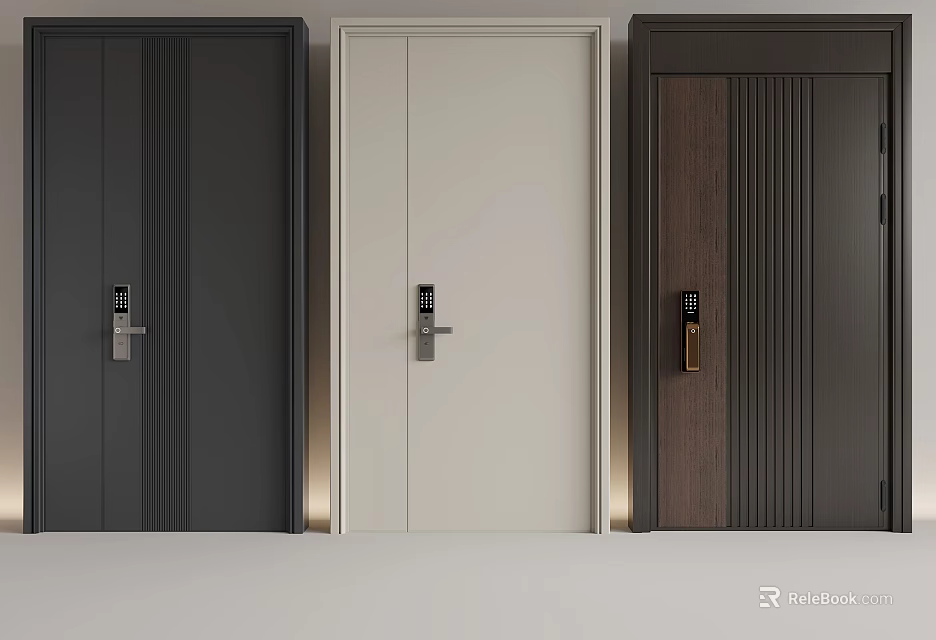 Modern Security Doors In Black White And Wooden Finishes With Metal Lock Systems 3d model 