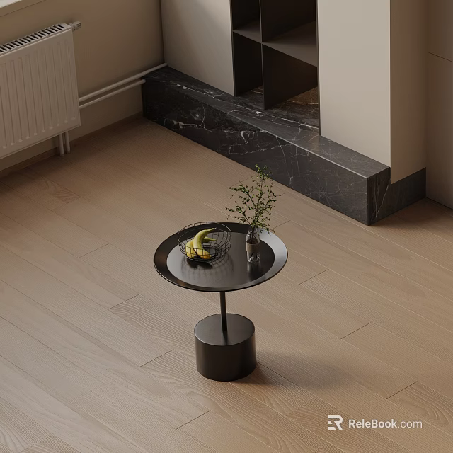 Modern Circular Side Table with Black Base Tray Bananas and Small Plant on Wooden Floor 3d model 