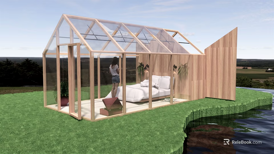 Glass And Wooden Frame Sunroom Interior With Bed On Green Grass Near Water 3d model 