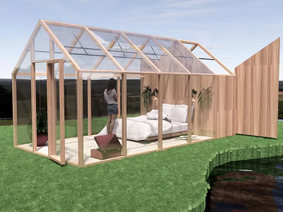 Glass And Wooden Frame Sunroom Interior With Bed On Green Grass Near Water 3d model