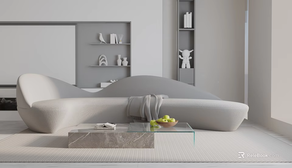 Three Seater Light Gray Sofa with Glass Coffee Table Fruits Books Decorations on White Bookshelf 3d model 