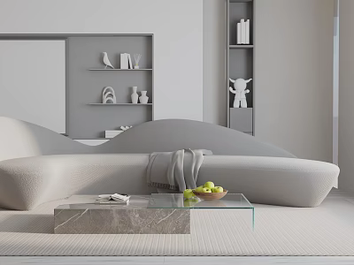 Three Seater Light Gray Sofa with Glass Coffee Table Fruits Books Decorations on White Bookshelf 3d model