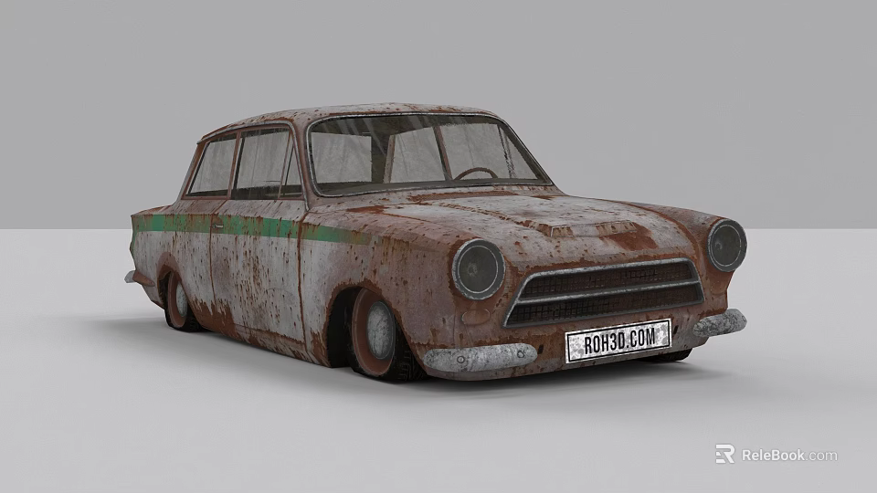 Old Rusty Vintage Car With Green Stripe And Weathered Exterior 3d model 
