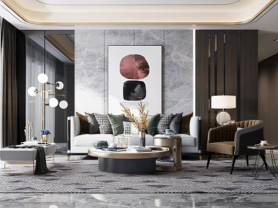Modern Living Room Sofa And Coffee Table Set With Decorative Painting Floor Lamp Throw Pillows 3d model