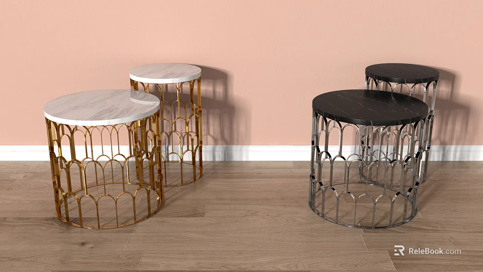 Modern Side Tables With Marble Tops And Gold Silver Scalloped Metal Frames 3d model 