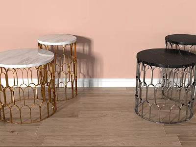Modern Side Tables With Marble Tops And Gold Silver Scalloped Metal Frames 3d model