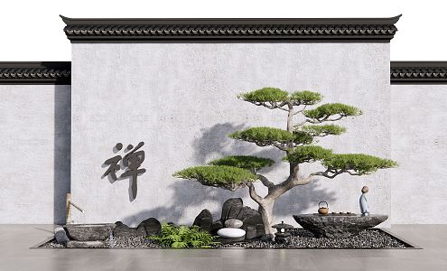 New Chinese style landscape sketch courtyard landscape sketch landscape wall fence stone sketch welcome pine withered landscape stone Zen landscape 3d model