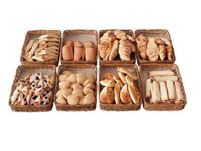 Assorted Fresh Breads Displayed In Wicker Baskets With Croissants Rolls And Buns 3d model