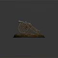 Vintage Cannon Model With Wooden Wheels On Circular Weathered Earthy Base
