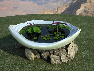 White Bowl Shaped Aquarium Supported By Rocks With Lotus Leaves And Purple Flowers On Grass 3d model