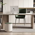 Modern Home Office Interior Design With Wooden Desk Laptop Green Chair And Potted Plants