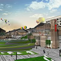 Traditional And Modern Commercial Street With Plaza Steps Greenery Colorful Balloons And Pedestrians