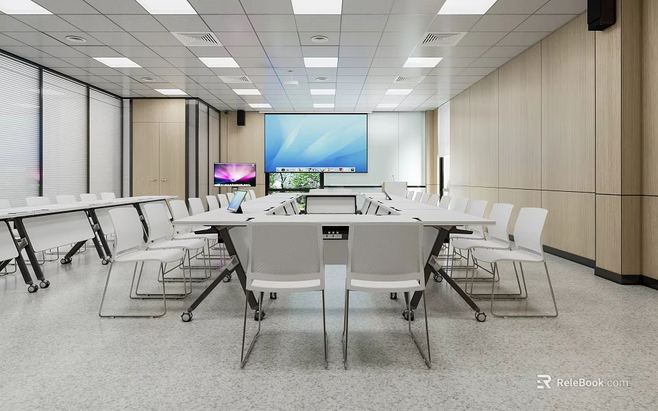 Modern Spacious Conference Room Interior Design With Long Table White Chairs And Large Screen 3d model