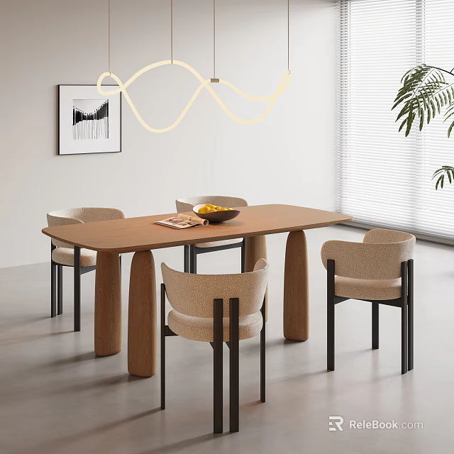 Modern Dining Table Set With Wooden Top Four Beige Chairs And Pendant Light 3d model 