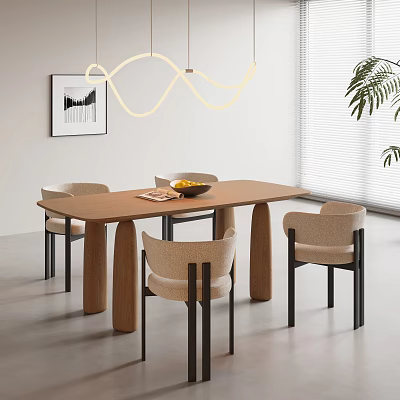 Modern Dining Table Set With Wooden Top Four Beige Chairs And Pendant Light 3d model