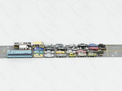 Cars And Buses On The Road With Various Colors And Different Types 3d model