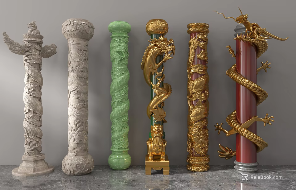 Various Decorative Columns With Dragon Carvings And Colorful Design Elements 3d model 