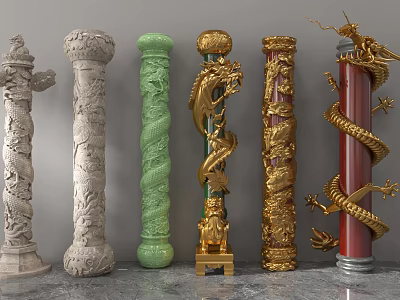 Various Decorative Columns With Dragon Carvings And Colorful Design Elements 3d model