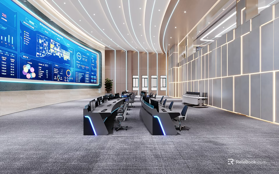 Modern Monitoring Room With Large Data Screen And Control Desks 3d model 