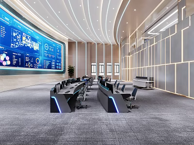 Modern Monitoring Room With Large Data Screen And Control Desks 3d model