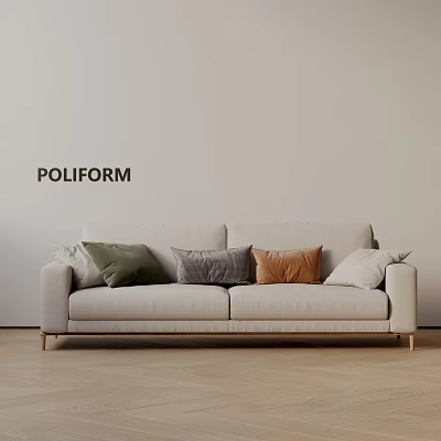 Poliform Three Seater Beige Sofa With Green Gray Orange White Cushions Light Wall Wooden Floor 3d model