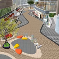 Urban Plaza Landscape Design With Curved Pavement Green Lawns And Red Decorative Installations