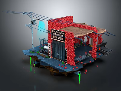 Abandoned Urban Steel Works Building With Red Brick Structure Street Lamp Green Liquid And Debris 3d model