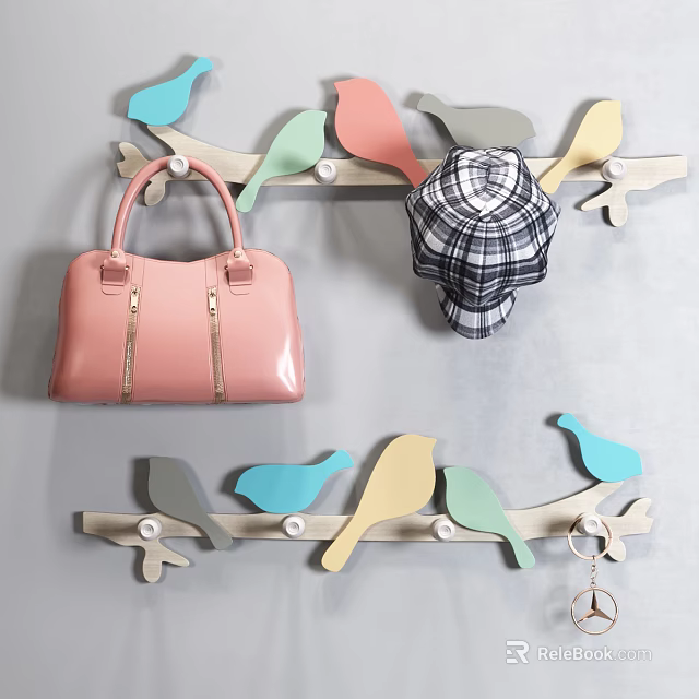 Branch shaped Decorative Hooks With Colorful Bird Design Hanging Handbag Plaid Shirt And Keychain 3d model 
