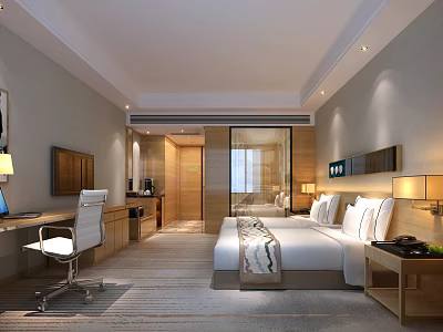 Hotel Guest Room Modern Interior Design With Comfortable Bed Desk Chair And TV 3d model