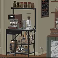 Black Metal Storage Shelf Organizing Coffee Supplies With Coffee Maker And Containers