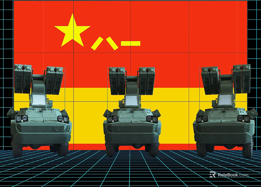 Three Green Military Function Vehicles Displayed With Chinese National Flag Background 3d model 