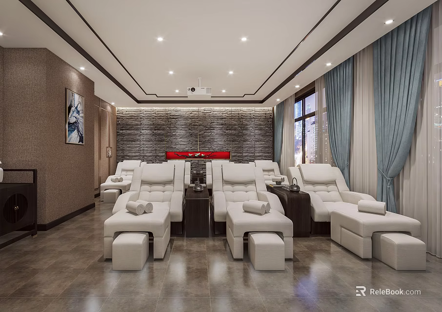 Serene SPA Interior Design With White Recliners Decorative Wall And Soft Lighting 3d model