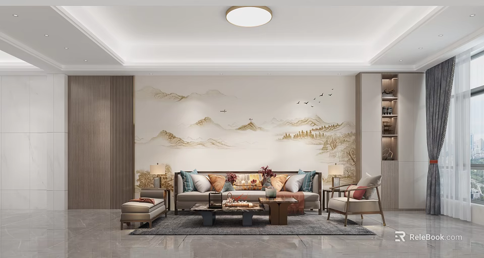 Serene Modern Living Dining Room With Landscape Painting Wall Sofa And Coffee Table 3d model 