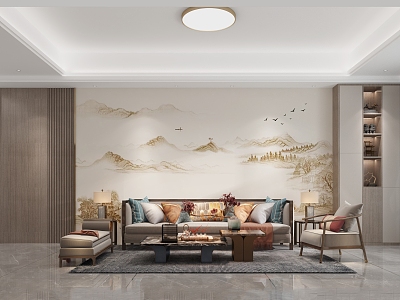 New Chinese-style Home Living Room Combination Ornaments Mural Landscape Painting Tile Background 3d model