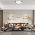 Serene Modern Living Dining Room With Landscape Painting Wall Sofa And Coffee Table