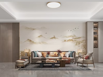 Serene Modern Living Dining Room With Landscape Painting Wall Sofa And Coffee Table 3d model