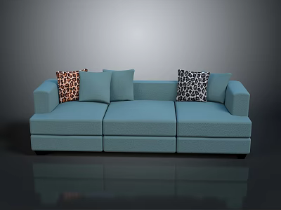Modern Light Blue Sectional Sofa With Leopard Print And Solid Cushions 3d model