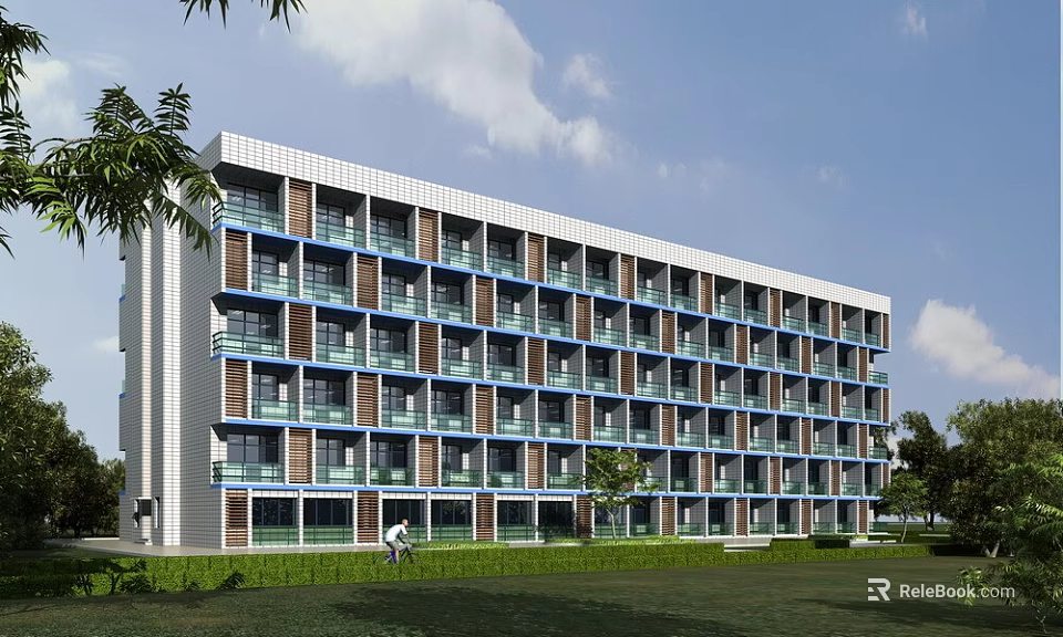 Modern Multi story School Building With Large Windows Balconies And Green Lawn 3d model 