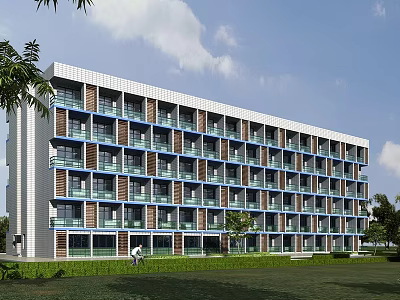 Modern Multi story School Building With Large Windows Balconies And Green Lawn 3d model