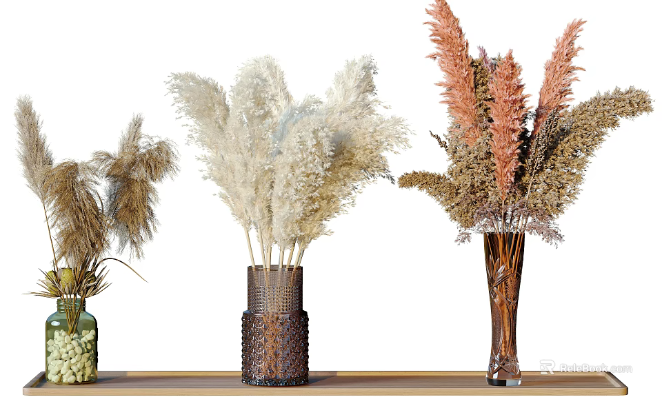 Decorative Vases with Dried Pampas Grass Flowers on Wooden Table in Various Tones 3d model 