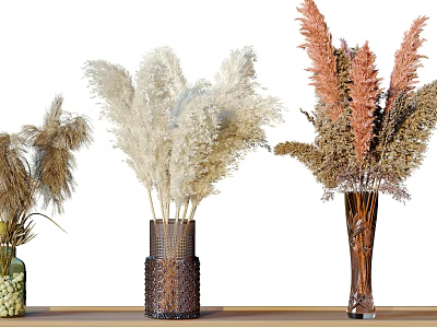 Decorative Vases with Dried Pampas Grass Flowers on Wooden Table in Various Tones 3d model