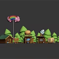 Cute Cartoon Scene With Rainbow Pig Green Trees Small Wooden House Hamburger And Ice Cream Buildings