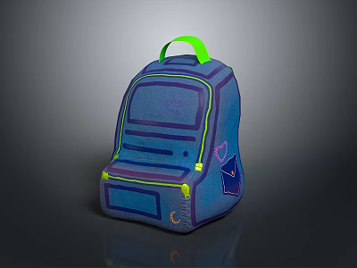Blue Backpack With Green Handle Purple Accents And Multiple Compartments For Daily Use 3d model