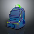 Blue Backpack With Green Handle Purple Accents And Multiple Compartments For Daily Use