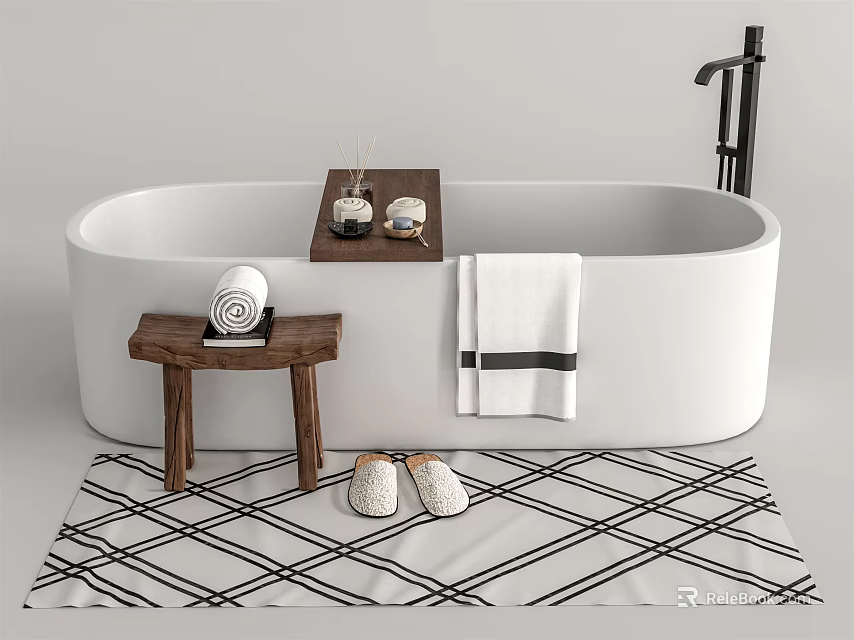 White Freestanding Bathtub With Black Faucet Wooden Stool Towel Tray Geometric Rug And Slippers 3d model 